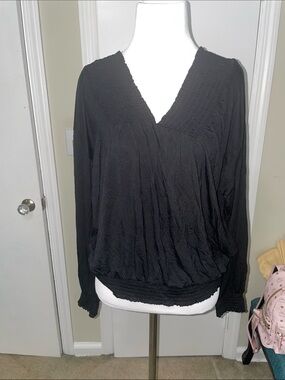 Express Black Smocked V-Neck Long Sleeve Blouse